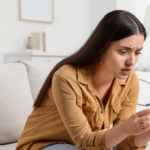Mujer preocupada observando su tarjeta de crédito, posiblemente víctima de fraudes con tarjetas, reflejando la importancia de la seguridad financiera.