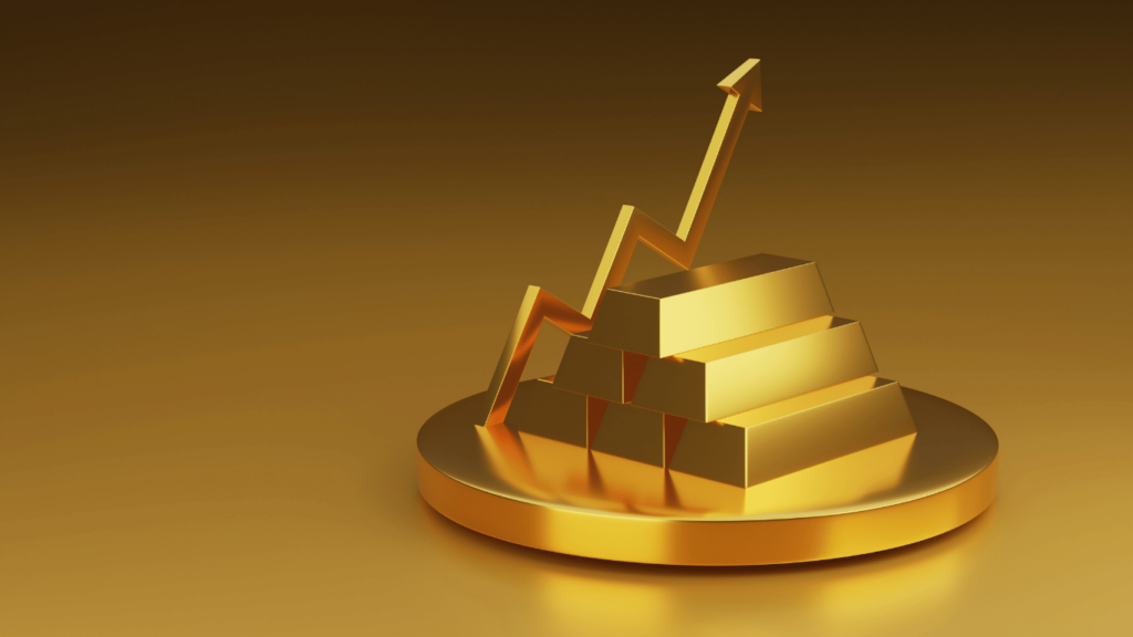 Gráficos ascendentes sobre lingotes de el oro, ilustrando su crecimiento como inversión segura.